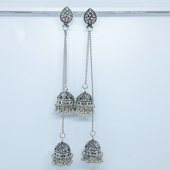 Bollywood-inspired Silver Jhumka Earrings with Elegant Duster Length Design - Picture 3 of 12
